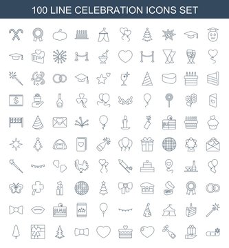 celebration icons. Set of 100 line celebration icons included snowflake, gift on hand, champagne, heart on white background. Editable celebration icons for web, mobile and infographics. © HN Works