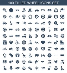 wheel icons. Set of 100 filled wheel icons included disabled, gear connection, fast food cart, wheel barrow on white background. Editable wheel icons for web, mobile and infographics.