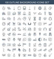 background icons. Set of 100 outline background icons included dustpan, squirrel, bucket, home, digital clock on white background. Editable background icons for web, mobile and infographics.