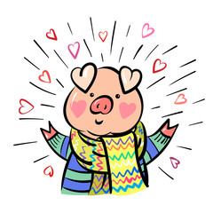 Funny happy pig dressed up in scarf. Comic cartoon animal. Symbol of a Chinese New Year