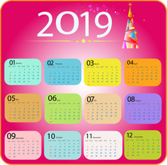 Calendar Planner for 2019 Year. Vector Stationery Design Print Template 
