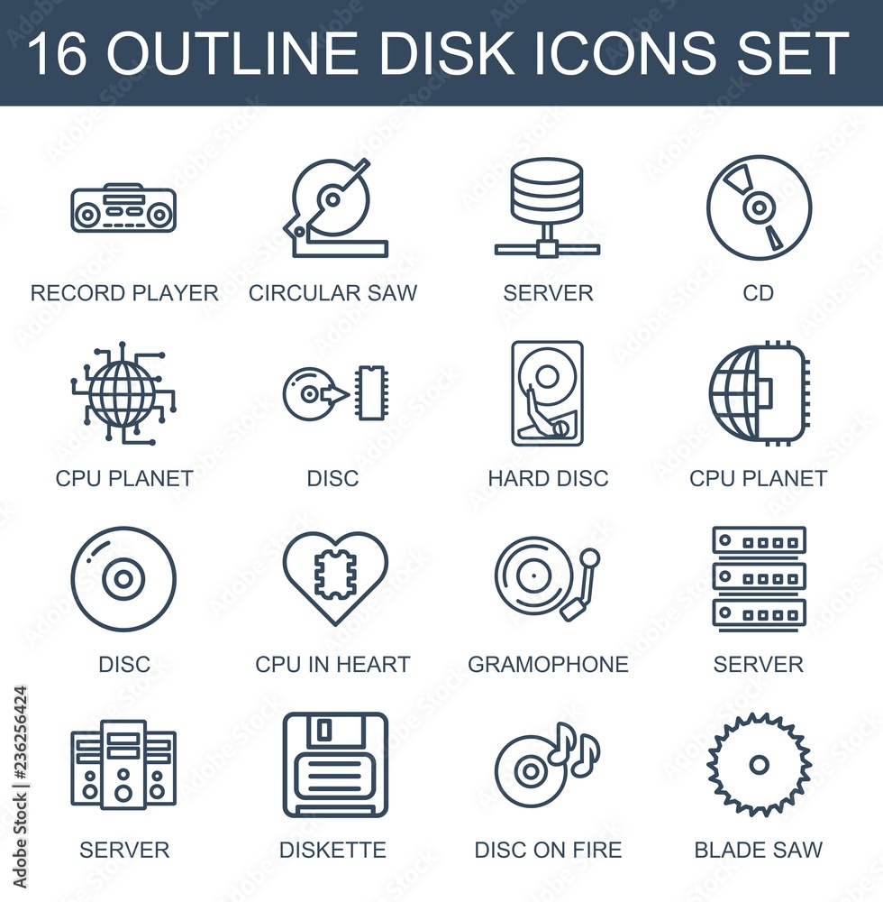 Poster disk icons. set of 16 outline disk icons included record player, circular saw, server, cd, cpu plane