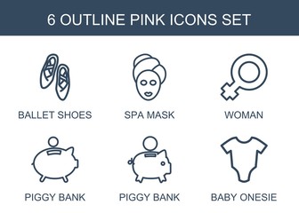 pink icons. Set of 6 outline pink icons included ballet shoes, spa mask, woman, piggy bank, baby onesie on white background. Editable pink icons for web, mobile and infographics.