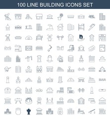building icons. Set of 100 line building icons included barrier, hospital, barbell, hospital building, bank on white background. Editable building icons for web, mobile and infographics.