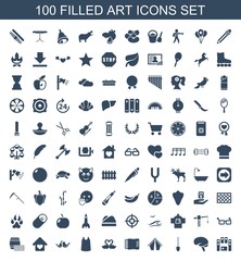 art icons. Set of 100 filled art icons included loud speaker set, brain, shovel, tent, harmonic, swan heart, singlet on white background. Editable art icons for web, mobile and infographics.