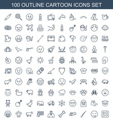 cartoon icons. Set of 100 outline cartoon icons included from toy for beach, emot showing tongue, hundting gun on white background. Editable cartoon icons for web, mobile and infographics.
