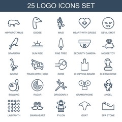 logo icons. Set of 25 outline logo icons included hippopotamus, goose, maid, heart with cross, devil emot, sparrow on white background. Editable logo icons for web, mobile and infographics.