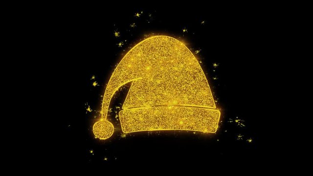 Christmas Ornament Santa Hat Written with Golden Particles Sparks Fireworks Display 4K. Greeting card, Celebration, Party Invitation, calendar, Gift, Events, Message, Holiday, Wishes Festival .