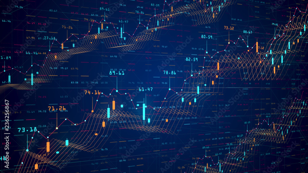 Wall mural stock chart - abstract digital 3d financial chart render showing growing value of the global stock m