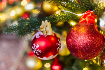Blurred texture with christmas balls on the Christmas tree