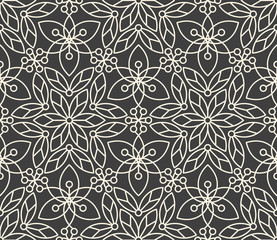 Seamless linear minimalistic flower pattern on dark grey background