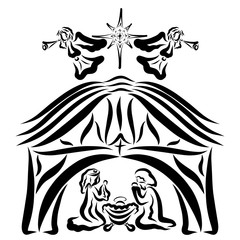 Birth of Jesus Christ, Mary and Joseph, Angels with trumpets and a star over a stable