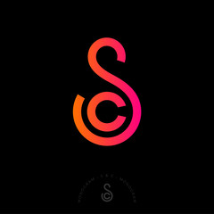 S, C letters. S and C monogram consist of pink-orange lines. Intertwined letters, isolated on a dark background. Monochrome option.