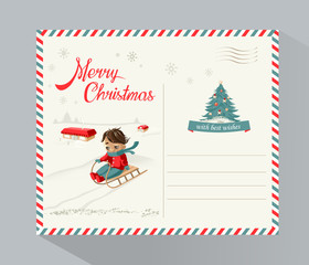 Holiday background, Merry Christmas and New Year typographical on background with winter landscape, Happy Boy ride a sled, Christmas trees, houses and lettering.  Holiday Greeting Card, postcard