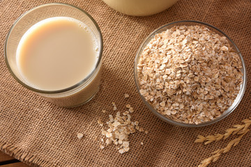 Oat drink and cereal flakes top view