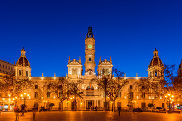 Fototapeta na wymiar City Hall of Valencia Spain at Dusk