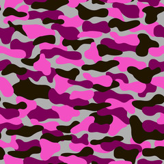 Сamouflage vector seamless pattern. Pink, burgundy and black colors on gray backdrop. EPS10. Can be used as print on clothes, wrapping paper, design of banners.