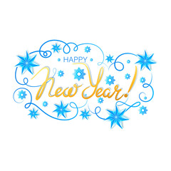 Fototapeta na wymiar Happy New Year! Calligraphic inscription, decorated with light blue stars and snowflakes. Marking Light background. Design for New Year's poster, greeting card, holiday message, entertainment program