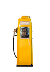 Yellow Fuel dispenser with fuel nozzle with number dialog system. isolated on background