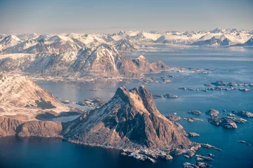 Tuinposter Aerial view of mountain on archipelago in arctic circle ocean © Mumemories