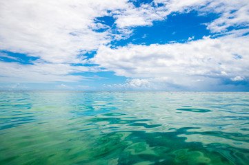 Bright scenic view of vibrant tropical green waters reflecting an expansive sky
