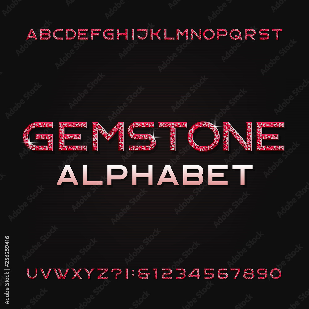 Aufkleber gemstone alphabet font. shiny ruby letters and numbers. stock vector typography for your design.