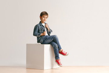 The portrait of cute little kid boy in stylish jeans clothes looking at camera against white studio...