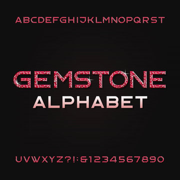 Gemstone alphabet font. Shiny ruby letters and numbers. Stock vector typography for your design.