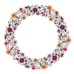Floral circle wreath with hand-drawn colorful flowers and branches. Round frame in warm bright colors with Pink, red, orange, violet stylized flowers