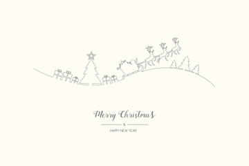 Christmas greeting card with hand drawn Santa Claus and reindeers. Vector.