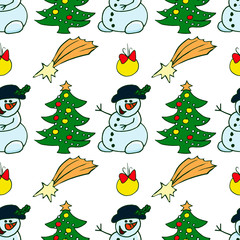 Santa Claus, christmas tree, holly berries, snowman, candies, christmas bells, poinsettia flowers, gingerbread man. Hand drawn vector Christmas seamless pattern.