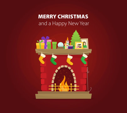 Christmas Fireplace With Gifts, Socks And Candles. Flat Cartoon Style Vector Illustration.