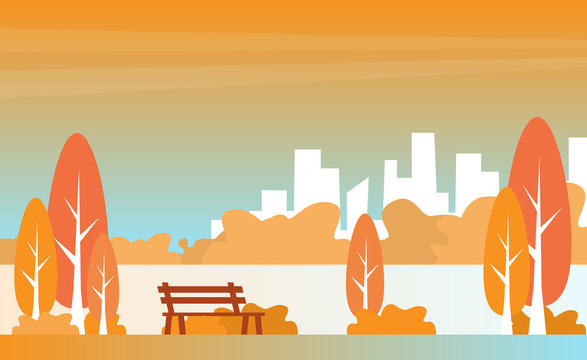 Autumn city park with town buildings on a background. Vector illustration.