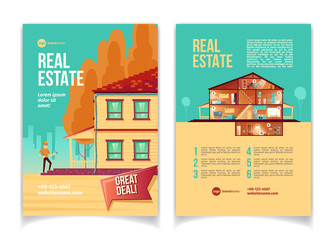 New real estate object cartoon vector advertising brochure, flyer with happy man standing on cottage porch with key in hand, house rooms cross section plan, benefits list. Construction company booklet