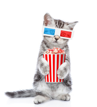 Funny kitten in the 3d glasses with popcorn. isolated on white background