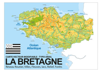 CARTE BRETAGNE / Relief, Villes, R&eacute;seaux routier, fleuves