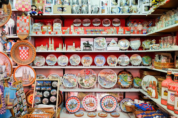 Croatian souvenirs for sale at gift store located in central farmers' market Dolac. Gornji Grad. Zagreb