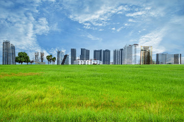 Fototapeta na wymiar Green field with high building blue sky for baackground