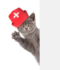 Cat dressed like a doctor behind white banner. isolated on white background