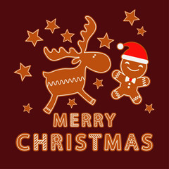 Gingerbread on a brown background. Christmas gingerman. Cute cartoon. Can be used for wallpaper, textile, invitation card, wrapping, web page background.