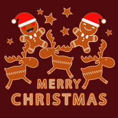 Gingerbread on a brown background. Christmas gingerman. Cute cartoon. Can be used for wallpaper, textile, invitation card, wrapping, web page background.