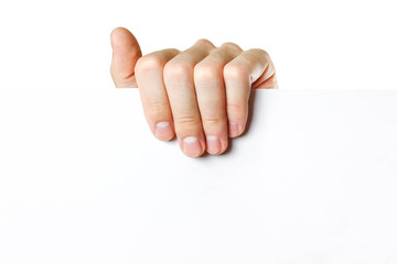 Hand holding paper. Close up. Isolated on white background.