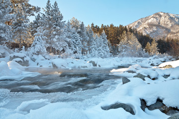 A beautiful winter landscape with a mountain river and a snow-covered trees along the shore on a frosty January afternoon. Eastern Sayan Mountains, Tunka foothill valley, Arshan village