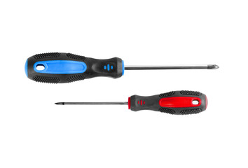 Two curly blue and red screwdriver. Close up. Isolated on white background