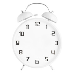White alarm clock with no hands isolated on white