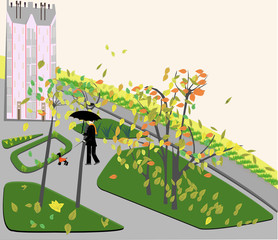 man, his dog and umbrella walking  in  autumn city yard