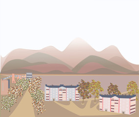 autumn city near feets of mountains in fog