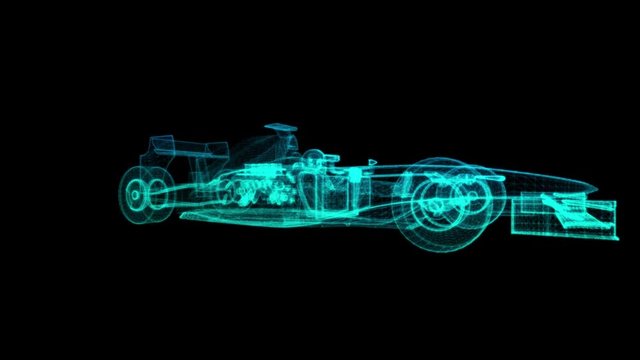 Rotating Formula one bolide. Black and blue shine Formation of Model 360 Degree.