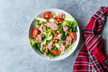 Tuna Fish Salad with Lettuce, Cherry Tomatoes, Cucumber and Corn.