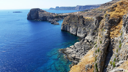 Views of the Bay of the Mediterranean sea in the town of Lindos. The Island Of Rhodes. Greece